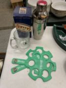 A BOXED TETLEYS LIMITED EDITION PINT GLASS, COURAGE GLASS JUG AND TWO STRIKA SHOT CARRIERS