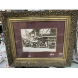 AN ORNATE GILT FRAMED ORIGINAL BLACK AND WHITE PHOTOGRAPH OF VEHICLES OUTSIDE THE DUKE OF WELLINGTON