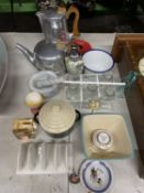 A PICQUOT WARE TEAPOT AND COFFEE POT, MARBL PESTLE AND MORTAR, TOAST RACK, TRINKET DISH ETC.