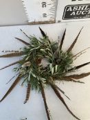 ONE CHRISTMAS WREATH TO INCLUDE MINI CHRISTMAS TREES, PUSSY WILLOW, FIR, OLIVE AND PHEASANT FEATHERS