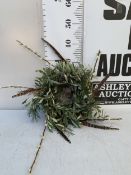ONE CHRISTMAS WREATH TO INCLUDE OLIVE, FIR, PUSSY WILLOW AND PHEASANT FEATHERS IN A SPIRAL DESIGN.