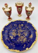 A Coalport cobalt blue cabinet plate with gilded decoration of birds, bugs and fauna, a Coalport red