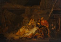 Attrib. to Benjamin Gerritsz Cuyp (1612-1652), merry-making peasants in a barn, oil on oak 58 x 85 c