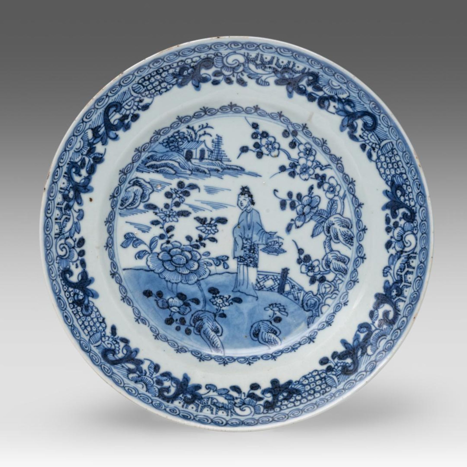 A series of nine Chinese blue and white 'Beauty in a Fenced Garden' dishes, 18thC, dia 22 cm - Bild 14 aus 19