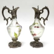 Pair of Enameled Glass Decanters with Silver-Plated Pewter Mounts France, Late 19th Century (c. 1880