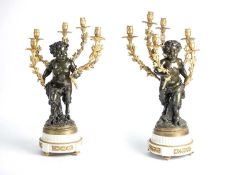 Pair of Ormolu and Patinated Bronze Two-Light Candelabra France (Parisian Manufacture), Restauration