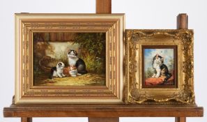 2 Katzenbilder, jeweils Öl auf Holz, je signiert: