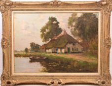 Ölgemälde Haus mit Reetdach am See