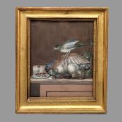 SÜDDEUTSCHER MEISTER: Früchtestilleben mit Korb, Grünfink, Spanholzschachtel und Fliege