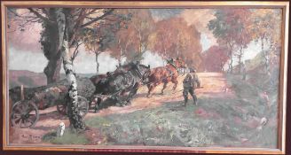 Gustav Marx (1855-1928) "Waldbauer mit Pferdegespann", 143 x 264 cm