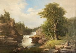 Johann Gustav Grunewald (1805-1878), große Landschaft mit Wiesen, Bäumen und Fluss, signiert und