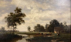 Léon Richet (1847-1907), Flusslandschaft mit Kühen, signiert, Öl/Lwd. 29 x 50 cm. Beiliegend