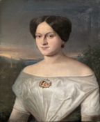 Unbekannter Maler, Biedermeier-Portrait, Brustbild einer Dame in weißer Bluse mit aufwändiger