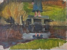 Schiestl (Würzburger Künstlerfamilie), Mädchen am Teich, in frischen grünen Farben, Ölskizze, rücks.