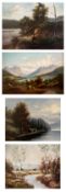 Konvolut aus 4 großformatigen Landschaften: Reisigsammlerin an einem abschüssigen Flussufer im