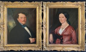 Unbekannter deutscher Künstler, 19. Jh., 2 Biedermeier Portraits: Vor landschaftlichem Hintergrund