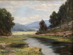 Unbekannter Knstler, Hügelige Landschaft mit Bachlauf, unleserl. signiert, Öl/Lwd. 59 x 78 cm. /