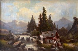 Julius ZOPF (1838-1897), Landschaft mit Fluss und Mühle, signiert, Öl/Lwd, Altersspuren, 53 x 80