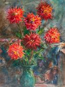 Johannes Paul UFER (1874-1958), Blumenstilleben mit roten Winterastern bzw Chrysanthemen in grüner