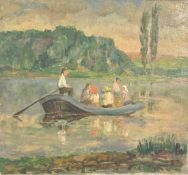 Adolf Brunner (1905 – 1975). Überfahrt am Main. Signiert, Öl/Malkarton, 33,5 x 36,5 cm. / Adolf