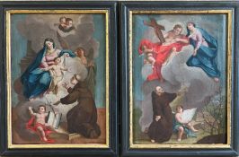 Franken, um 1800, zwei religiöse Gemälde, Altersspuren: Marienverehrung mit Mönch und Engeln, Öl/