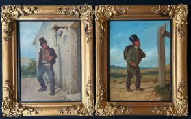 Unbekannter Künstler, 2 Gemälde mit Wanderern vor Besenwirtschaft und Richtungsschild, rücks.