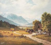 Voralpenlandschaft mit frühherbstlicher Heuernte.