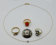 1 Konvolut Schmuck GG/WG 14ct. z.T. mit Brill. bis zu ca. 0,5ct., wohl Saphire u.a., je Asp./Gsp.