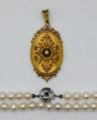 1 Anhänger wohl ungest. wohl GG 14ct. (Säure hält) mit Perle wohl 19. Jh., Gesamtlänge 6,5cm