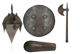 Persian Steel Armor Set (Shield, Axe, Helmet, and Case) Persia, 19th century