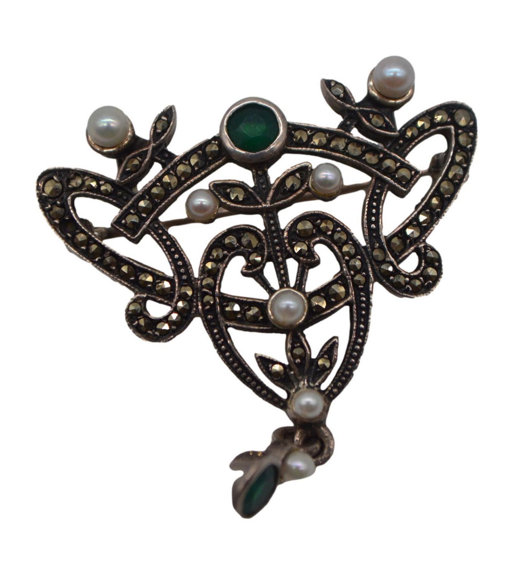 Art Deco Brosche, 925er Silber, mit grünen Steinen, Perlen und ...