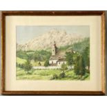 Groß, August (datiert 1943), Aquarell, Kirche oder Kapelle vor Alpenlandschaft