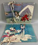 Asiatika zwei Stoffmappen Einbände, Textilbilder Dekor, wohl China um 1900