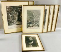 Ridinger, Johann Elias (1698-1767) nach, insgesamt 6 Grafiken / Stiche Hirsche, dazu Portrait