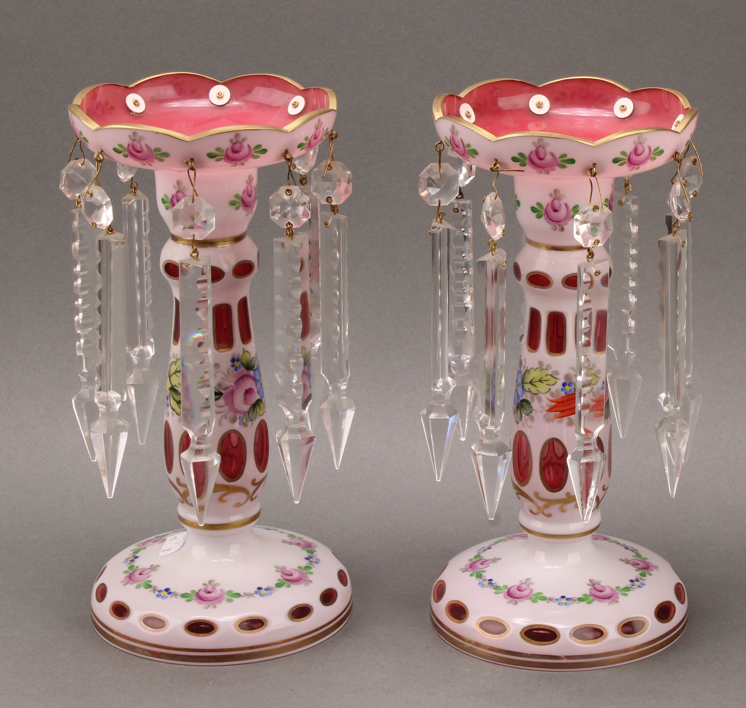 A pair of 19th century Bohemian flashed glass table or mantel lustres, overlaid on cranberry, - Image 2 of 4