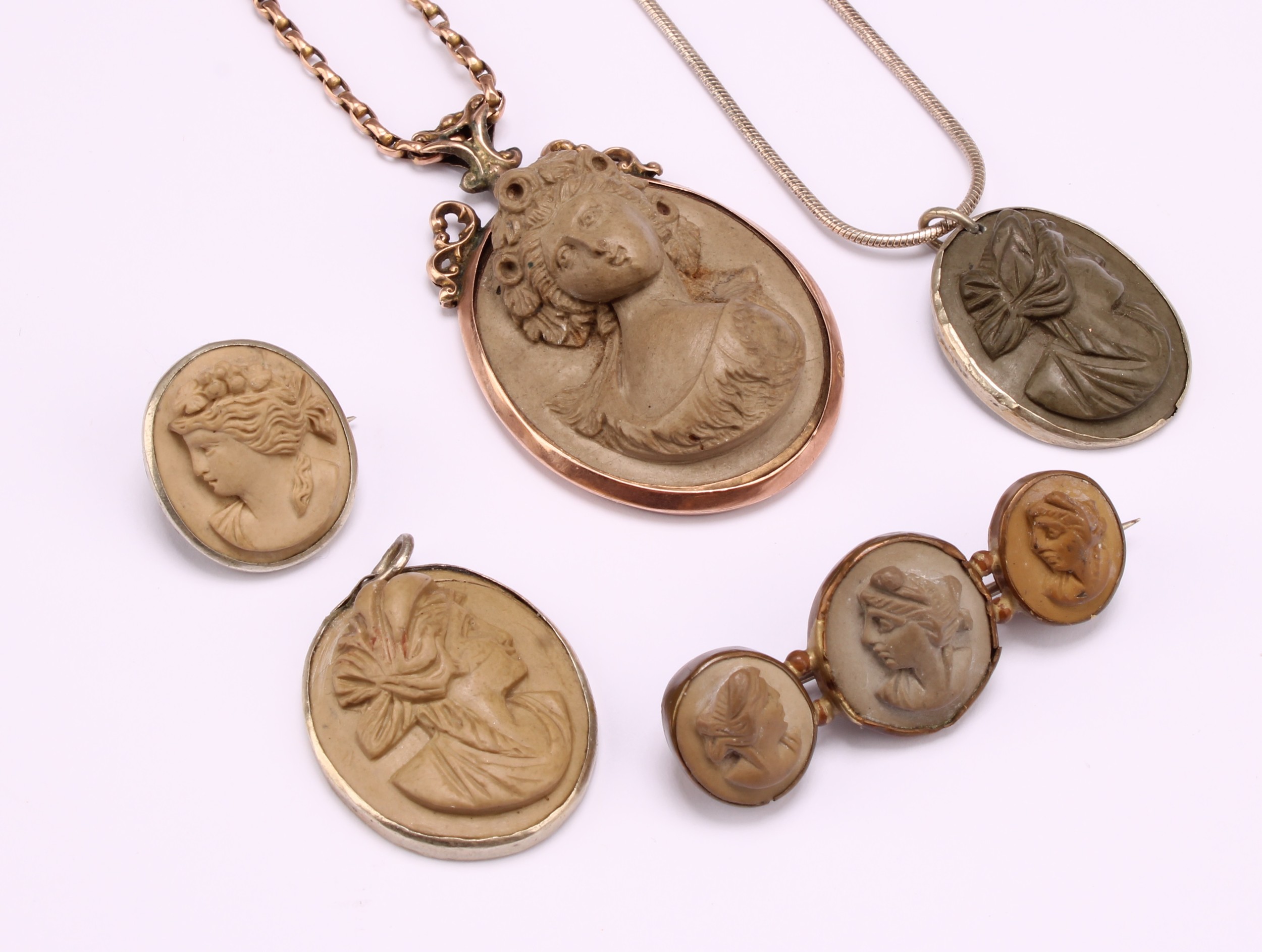 A selection of Lava Cameo Jewellery To include; a Victorian lava cameo pendant necklace, Flora - Image 2 of 12