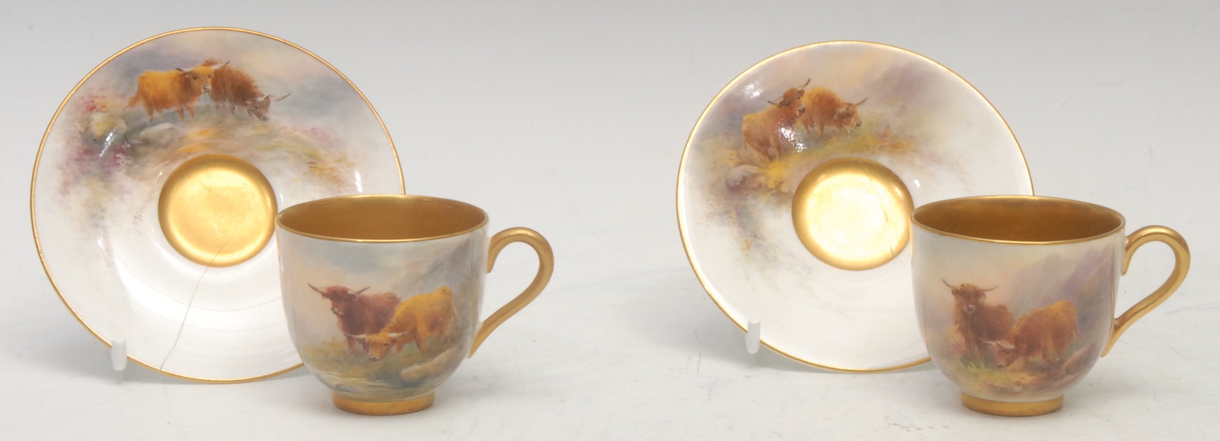 A composed pair of Royal Worcester cabinet cups and saucers, painted by Stinton, signed, with