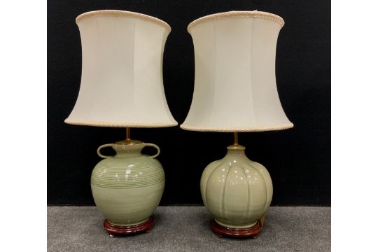 Interior Design - Lighting - A Taiwanese Celadon table lamp, of compressed ovoid form, with