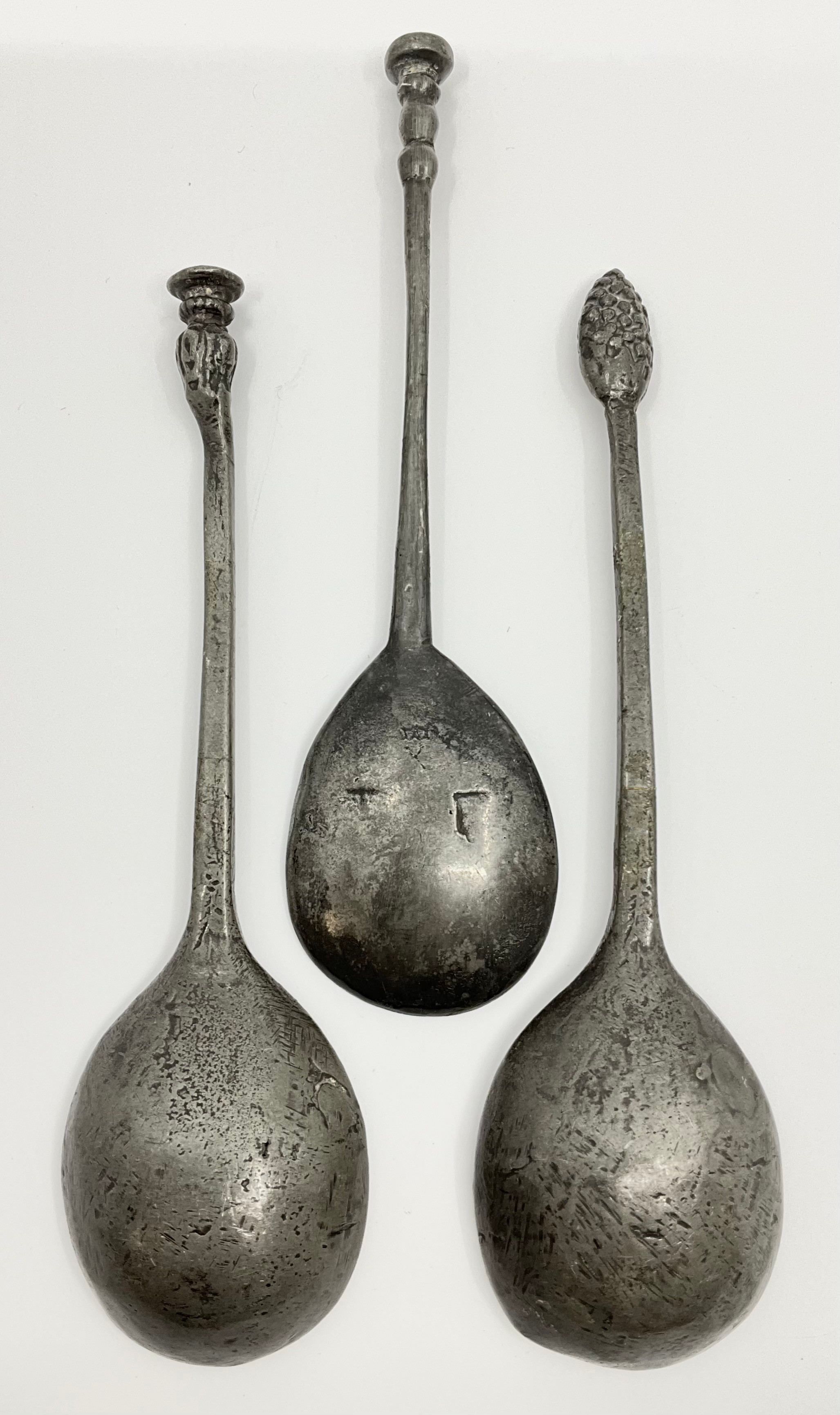 Three early Pewter Spoons, Strawberry pattern and seal type knops, 15th ...