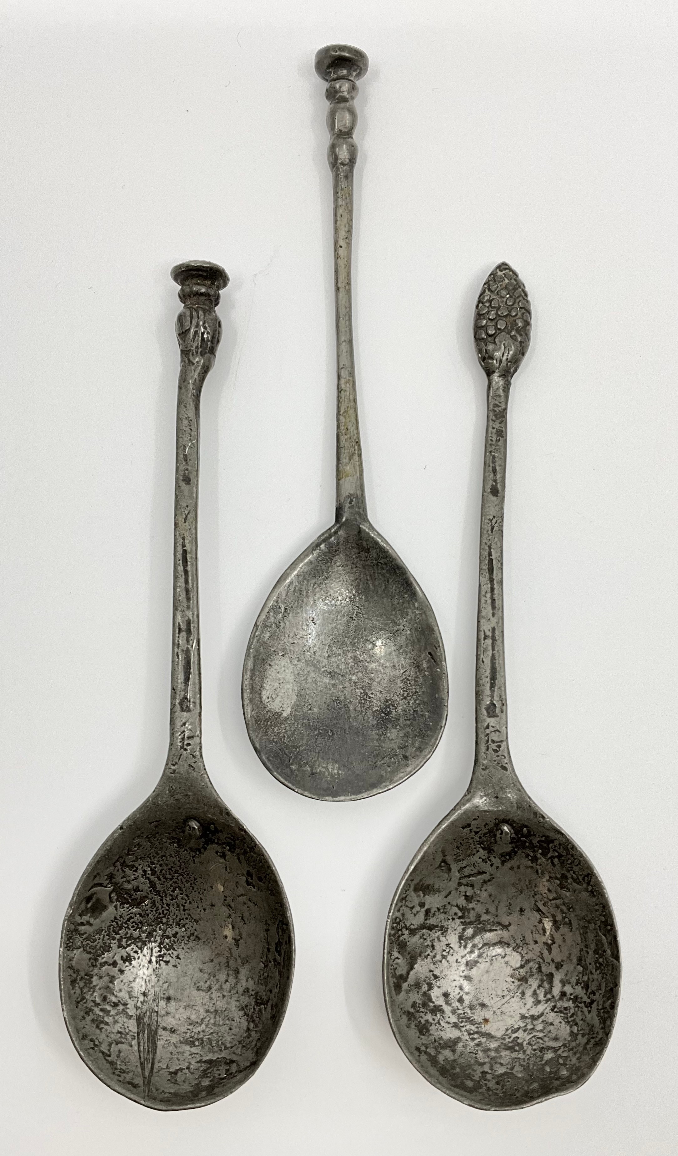 Three early Pewter Spoons, Strawberry pattern and seal type knops, 15th ...