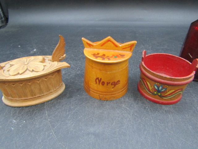 Collectors lot- Norwegian treen pieces and long boat, Victorian brass match box holder, Papier Mache - Image 6 of 8