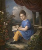 Deutsch: um 1830. Knabe in blauem Kittel mit Bilderbuch auf einer...