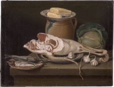 Beck, Jacob Samuel: Küchenstillleben mit Schinken, Herringen, Knoblauch ... ...