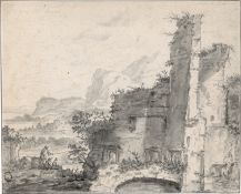 Niederländisch: 17. Jh. Ruinenlandschaft mkit Fischern