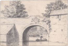 Niederländisch: 17. Jh. Blick in eine Gracht mit Steinbrücke