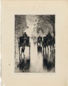 Ury, Lesser: Regennasse Tiergartenallee mit Pferdedroschken: Dame mit...