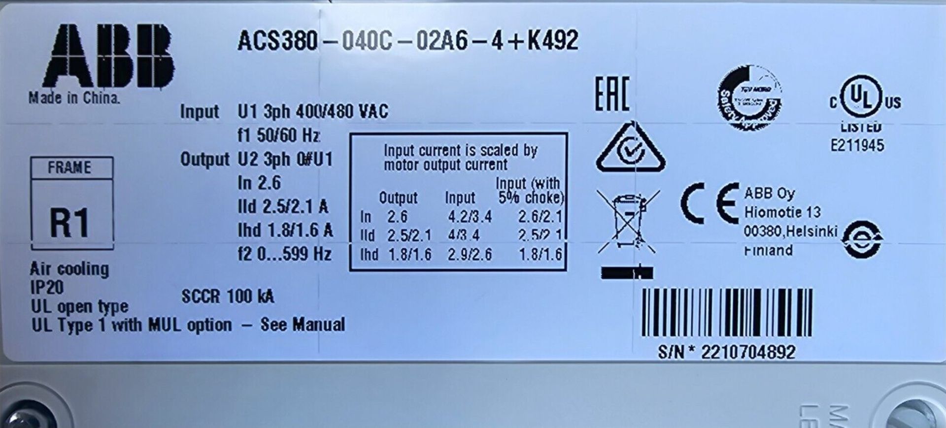 ABB ACS380-040S-02A6-4 Variable Frequency Drive W/ ABB EOT16 Enclosure Switch - Image 2 of 5