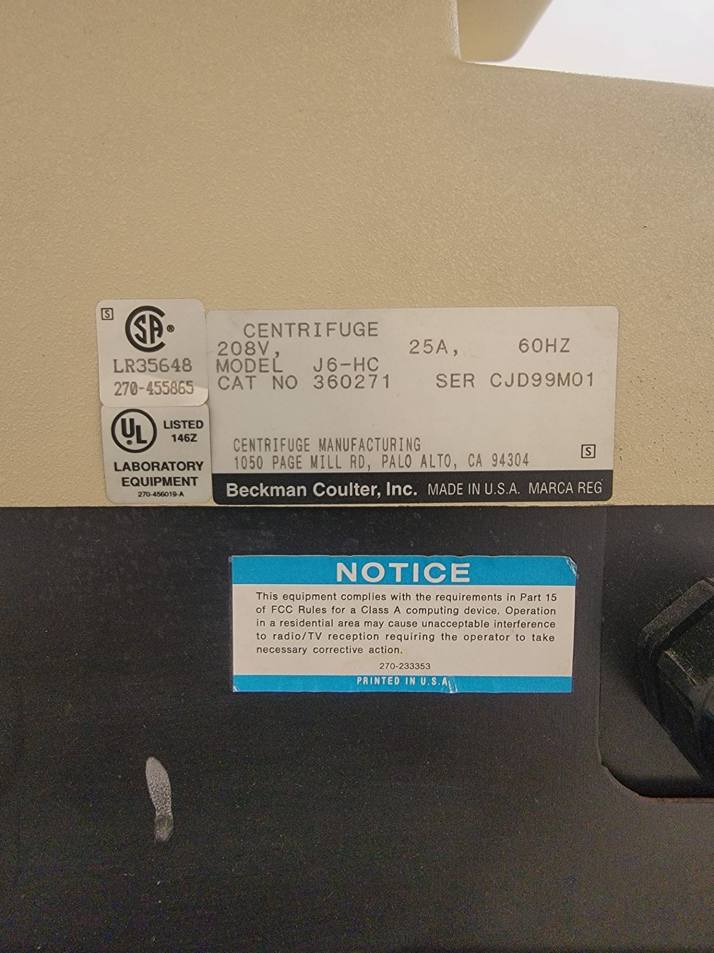 Beckman Coulter J6-HC Centrifuge 208V 25A Model 360271 Analog Control - Image 2 of 4