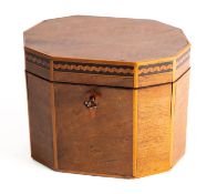 A George III walnut, sycamore strung and parquetry tea caddy,