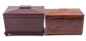 Two George IV mahogany sarcophagus form tea caddies,